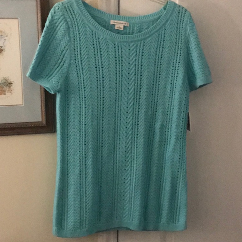 Aqua blue pretty open weave short sleeve pullover
